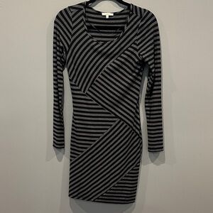 Mystree Black and Gray Striped Long Sleeve Dress